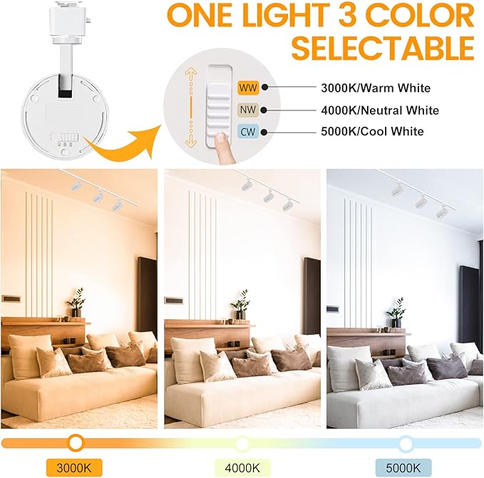VANoopee 3-Color J Type Track Lighting Heads 20W for Juno Rail - Dimmable Bright LED Track Light Fixtures 3000K 4000K 5000K Ceiling Spotlight for Accent Task, No Flicker CRI90+ 36° 2000lm White 3 Pack