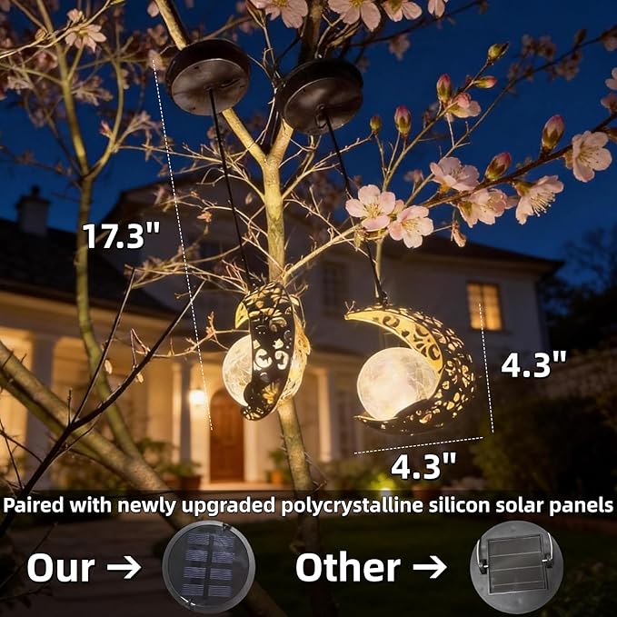 Solar Moon Lanterns Outdoor Waterproof Decor, 2Pack Hanging Decorative Garden Lights, Outside Furniture Accessories Wall Tree Patio LED Ornaments , Mother's Day Fairy Gifts for Women Mom