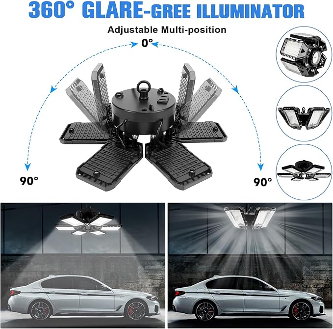LED Garage Lights 2 Pack -180W, 18000LM 6500K Led Shop Light with 6+1 Deformable Panels, Basement Barn Light Garages Ceiling Lights, E26/E27 for Garage, Warehouse, Shop, Basement