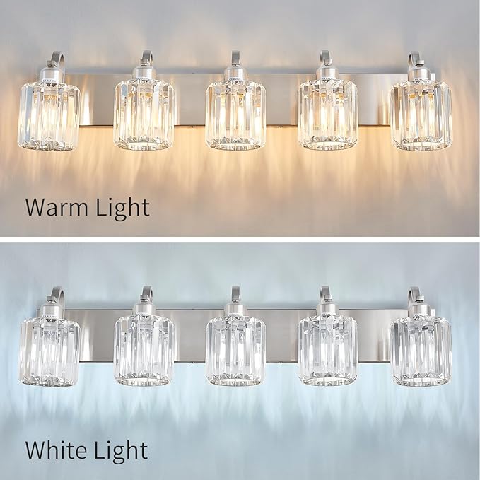 Modern Crystal Bathroom Vanity Light 5 Light Brushed Nickel Vanity Lighting Over Mirror Bathroom Wall Lighting Fixtures with Round Shade (Exclude Bulb)