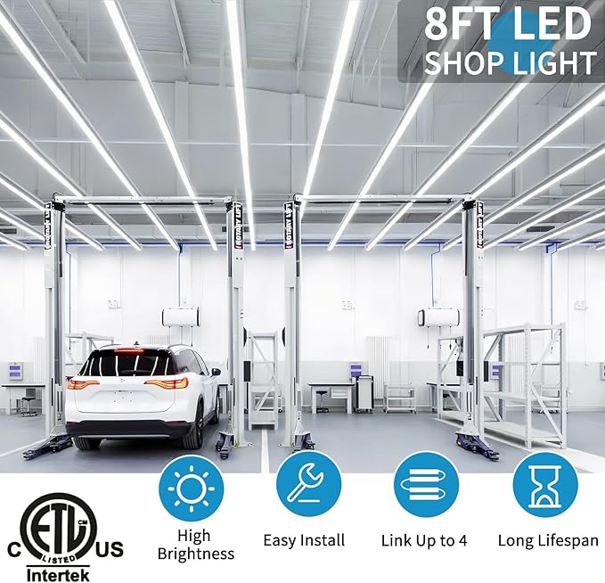 SHOPLED 8FT LED Shop Light - 80W 10800LM 6000K Cool White Ceiling Light Fixtures, T8 LED Tube Lights, 8 Foot Shop Lights for Garage Workshop Warehouse, ETL Listed, 4 Pack