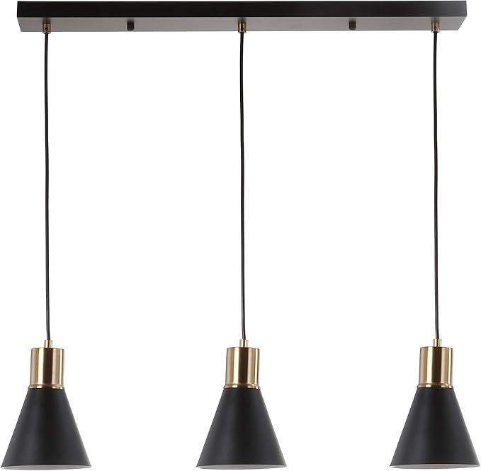 JONATHAN Y 33.5" Black/Brass Gold Apollo Mid-Century Modern Iron LED Pendant, Black Metal Shade, Adjustable Hanging Ceiling Light for Kitchen Island, Hallway, LED Bulb Included (JYL6134A)