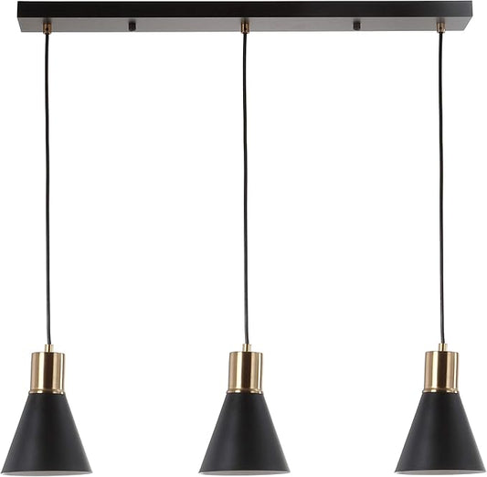 JONATHAN Y 33.5" Black/Brass Gold Apollo Mid-Century Modern Iron LED Pendant, Black Metal Shade, Adjustable Hanging Ceiling Light for Kitchen Island, Hallway, LED Bulb Included (JYL6134A)