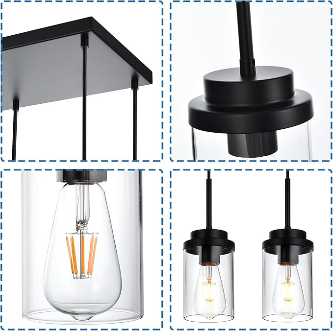 MELUCEE 8 Lights Linear Chandelier Lighting Black Island Light for Kitchen, 31.5 Inches Cluster Pendant Light Fixtures Hanging Foyer Lighting Dining Room Lights with Clear Glass Shade