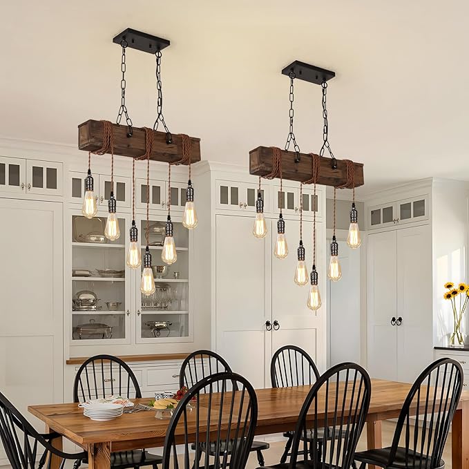 KEESFU 6-Lights Dining Farmhouse Chandelier, Farmhouse Wooden Ceiling Pendant Light, Height Adjustable, Rustic Chandelier for Kitchen Island Dining Room Bar Pool Table Cabin.