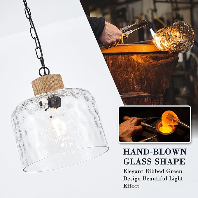 VILUXY Large Hammered Glass Pendant Light Farmhouse Dome Pendant Lighting Hand-Blown Hammered Glass Shade Black Adjustable Ceiling Hanging Light for Kitchen Island Dining Room Hallway, UL Listed