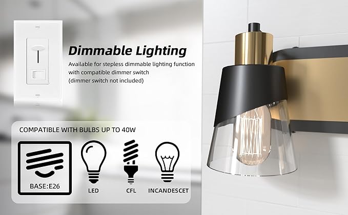 URSOLA 2 Lights Bathroom Vanity Light, Bathroom Lighting Fixtures Over Mirror, 13.8 inch Bathroom Light Fixtures Black and Gold with Bevelled Edge and Clear Glass Shade Wall Lamp