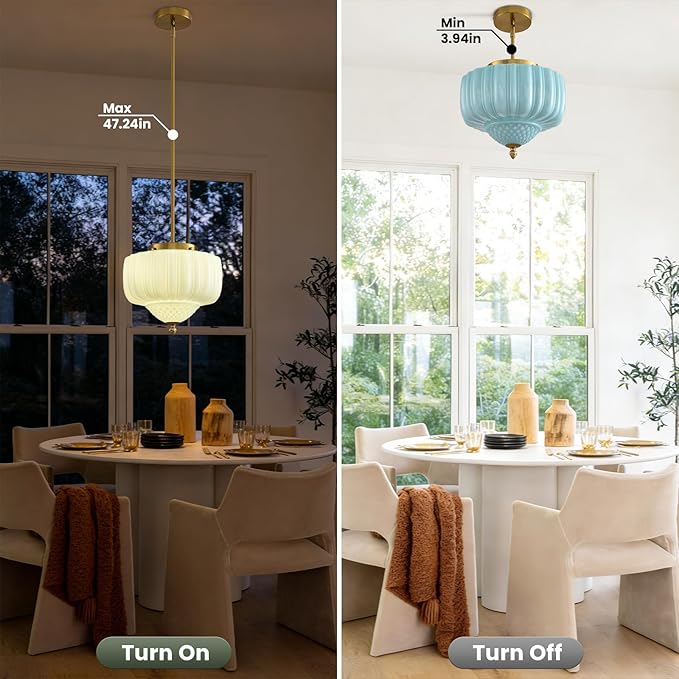 Blue Glass Pendant Light, 11.8 inch Pendant Light Fixture with Floral lampshade, Height Adjustable Brushed Gold Vintage Hanging Lamp for Dining Room Kitchen Island Bedroom Living Room Entryway