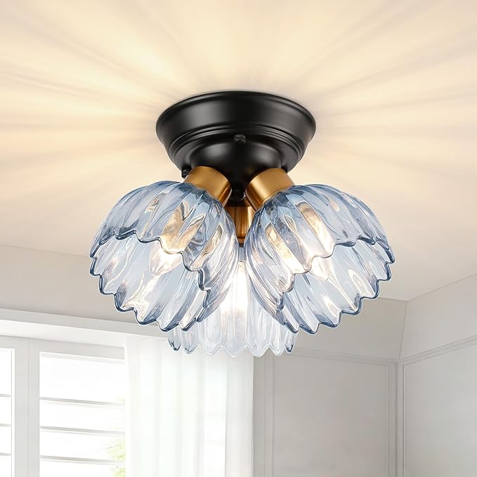 TALOYA Semi Flush Mount Ceiling Light,3-Light Close to Ceiling Light Fixtures with Blue Tulip Glass Shades Modern Farmhouse Lighting Fixtures for Hallway Corridor Kitchen Bathroom Bedroom Passway