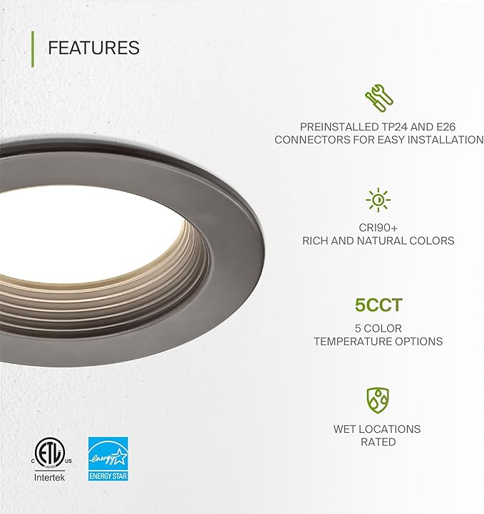 ASD 6 Pack Bronze 4 Inch Retrofit LED Recessed Light - 10W 2700K-5000K 849LM Retrofit LED Recessed Lighting 4 Inch, Dimmable Bronze Recessed Lights, Wet Rated Baffle Trim Can Lights, ETL, Energy Star