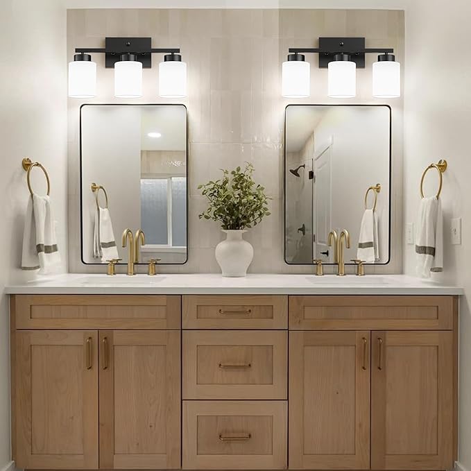 PARTPHONER 3-Light Matte Black Bathroom Light Fixtures, Modern Vanity Light Over Mirror Lighting, Wall Sconce with Frosted Milky White Glass Shades for Bedroom Living Room Kitchen Hallway