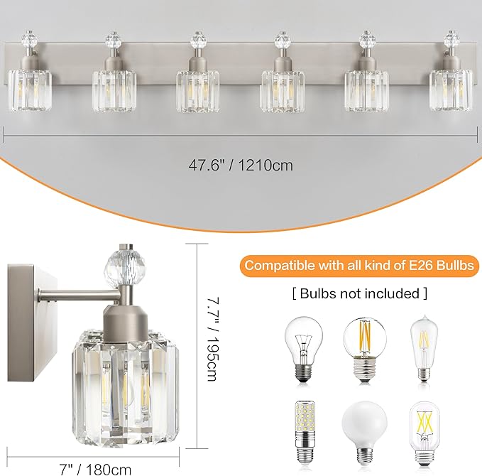 PRESDE Crystal 6-Light Bathroom Vanity Light Fixtures Brushed Nickel Modern Wall Lighting Over Mirror
