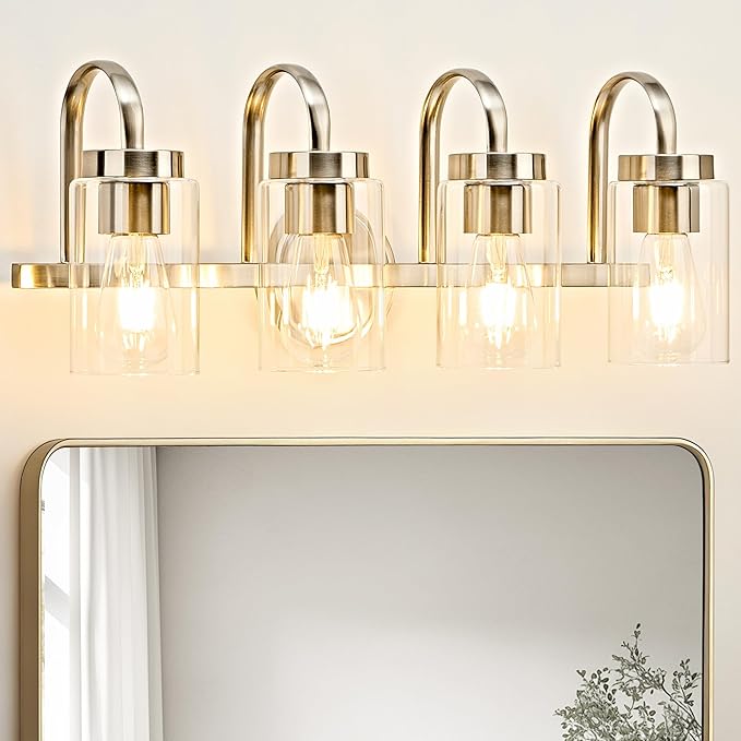 4 Light Bathroom Vanity Light, Brushed Nickel Vanity Lights for Bathroom, Modern Light Fixtures Over Mirror with Clear Glass Shade, Wall Sconce Lighting for Bedroom