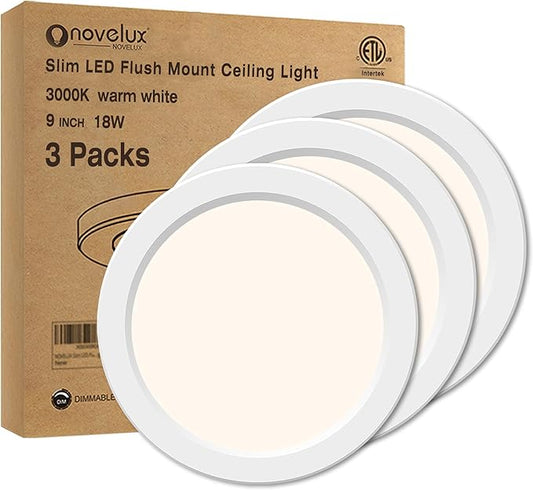 Flush Mount Ceiling Light Fixture - ETL Certified - 9 Inch Dimmable 3000K Warm White LED, 0.63'' Ultra Thin Round Design for Bedroom, Bathroom, Kitchen, Hallway, Basement, Closet (3-Pack)‌
