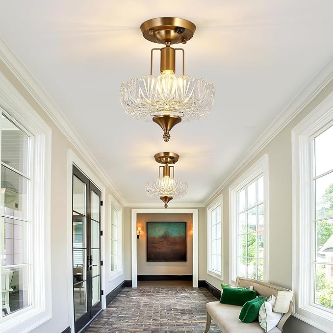 UOFUS Motion Sensor Semi Flush Mount Ceiling Light Gold Hallway Light Fixture with Clear Glass Indoor Small Chandelier for Hallway Entryway Porch Foyer Corridor