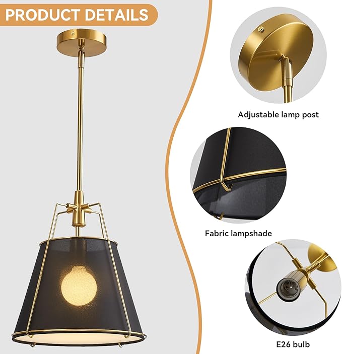 Modern Pendant Light Fixtures with 13" Black Linen Fabric Shade, Adjustable Hanging Light Fixture,Drum Gold Vintage Chandelier for Kitchen Island Bedroom Dining Room Foyer Entryway