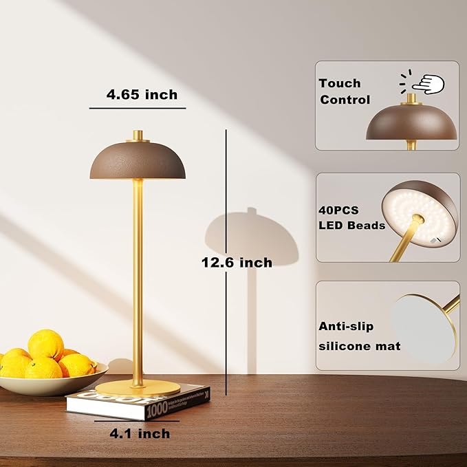 Rechargeable Cordless Table Lamp - 5000mAh Battery Powered Lamp, 3 Color Modes Stepless Dimming LED Table Light with Memory Function for Indoor, Outdoor, Dinner, Patio, Cafe.(Brown)