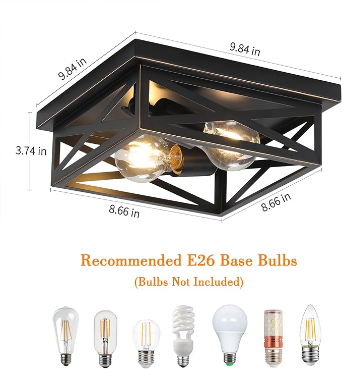Farmhouse Flush Mount Ceiling Light for Kitchen,2-Light Modern Rustic Metal Finish Industrial Kitchen Ceiling Light Fixture for Bedroom, Hallway Entryway(Black & Gold Border)