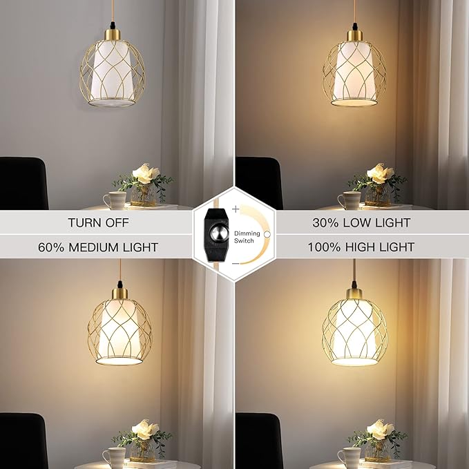 Ruzectt Plug in Pendant Light, Gold Hanging Lamp with Dimmable Switch, 15 ft Golden Cotton Cord, Hanging Light Fixture for Kitchen, Living Room, Bedroom (Bulb Included)