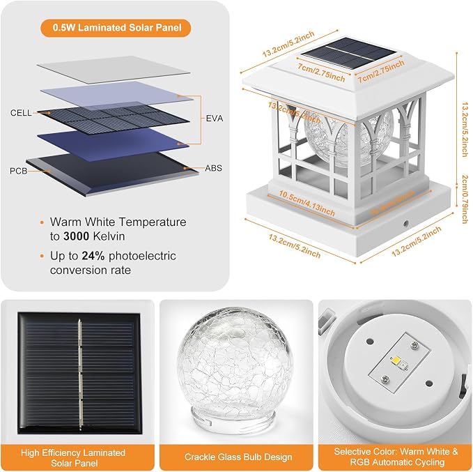 Fence Post Solar Lights, Crackle Glass Solar Post Cap Lights, 20 Lumens, Warm White & RGB Automatic Cycling 2 Modes for 3.6x3.6 4x4 4.5x4.5 5x5 Vinyl Wooden Posts Decoration, White (6 Pack)
