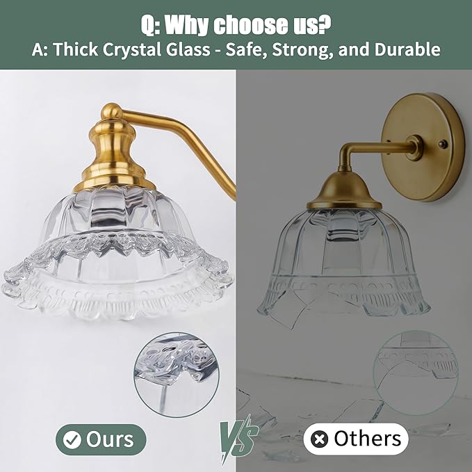 Espird 2 Lights Bathroom Vanity Light Fixtures, Vintage Brass Vanity Lights for Bathroom, Farmhouse Antique Light Fixtures Over Mirror with Crystal Glass Shade