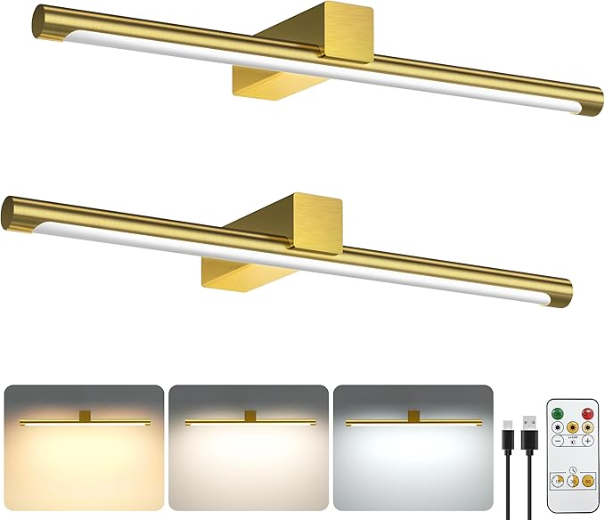Metal Picture Light for Wall, Battery Operated Art Lighting for Paintings, Wireless Wall Lights for Picture with Remote&Timer, 3 Color Temperatures Dimmable Gallery Light for Artwork Portrait Gold 2