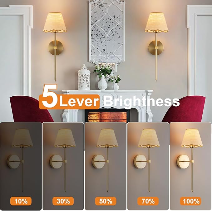 ADISUN Battery Operated Wall Sconce Set of 2, Gold Wall Lamps Rechargeable Bulbs for Living Room, Rattan Shade Wireless Wall Lights for Bedroom Living Room Hallway Kitchen(2 Bulbs Included)