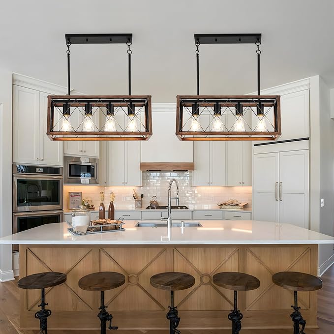 KEESFU 4-Light Farmhouse Linear Chandelier for Dining Room,Adjustable Rustic Pendant Light with Wood Grain Finish for Kitchen Island & Dining Table,Farmhouse Kitchen Lighting fixtures Ceiling.