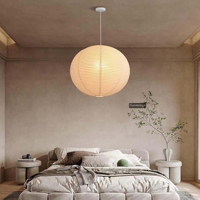 Large Rice Paper Pendant Light Kit, 23.6in White Globe Paper Lantern Lights, E26 Base, Japanese Hanging Lantern Lamp Japandi Chandelier for Dining Room Bedroom Office Living Room