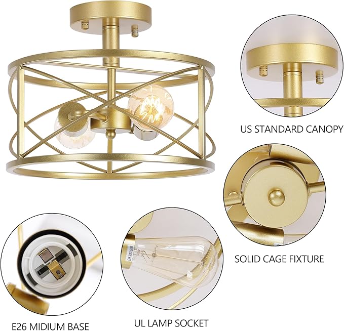 Gold Semi Flush Ceiling Light Fixture, 2-Light Farmhouse Flush Mount Light Fixtures, Modern Industrial Metal Cage Pendant Lighting for Hallway, Bedroom, Kitchen, Foyer, Living Room, Dining Room
