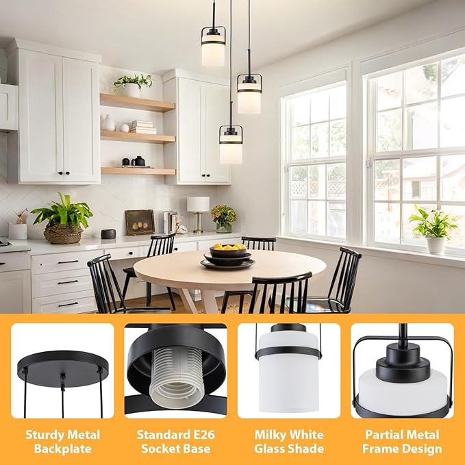 Black 3-Light Pendant Lighting, Adjustable Cluster Hanging Light Fixture with Milk Glass Shade, Modern Pendant Light for Kitchen Island Dining Room Bar