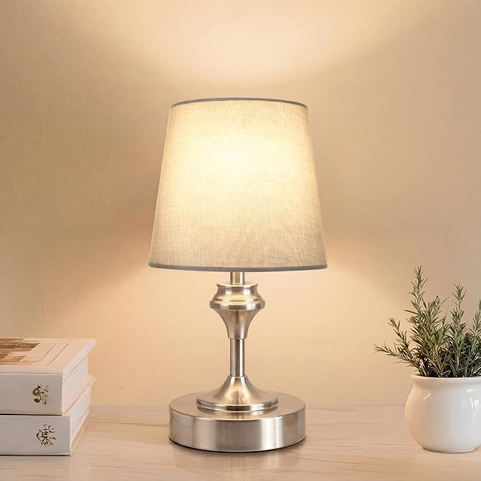 NIORSUN Portables Cordless Table Lamp, 10.2" Battery Operated Lamp, Bedside Table Lamp with Warm White,3 Way Dimmable Touch Desk Lamp for Bedroom Living Room Restaurant Whtie Shade (Silver)