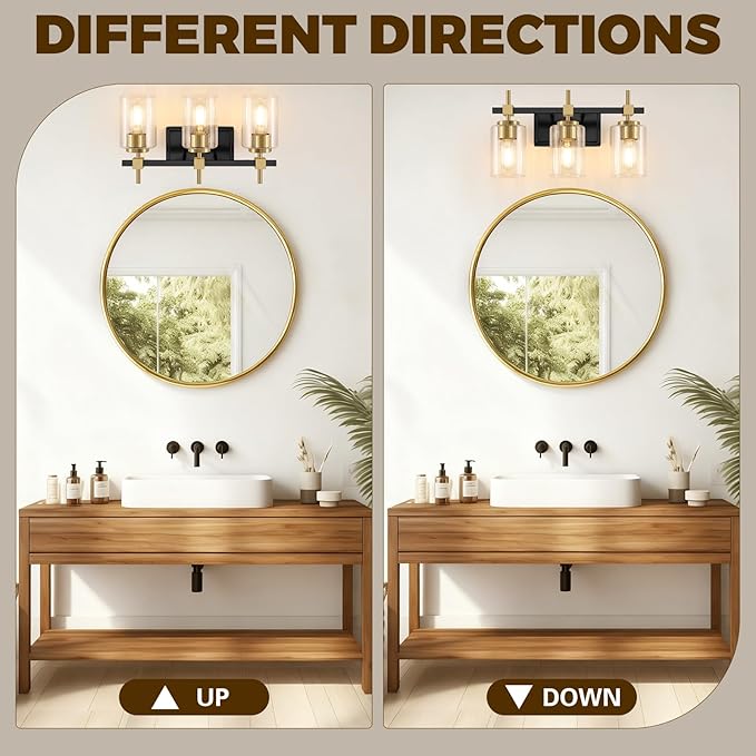 Asnxcju 3-Light Black and Gold Bathroom Light Fixtures, Vanity Lights for Bathroom with Textured Glass Shade, Modern Vanity Wall Lighting Over Mirror, Vintage Wall Lamp for Living Room Cabinet Hallway