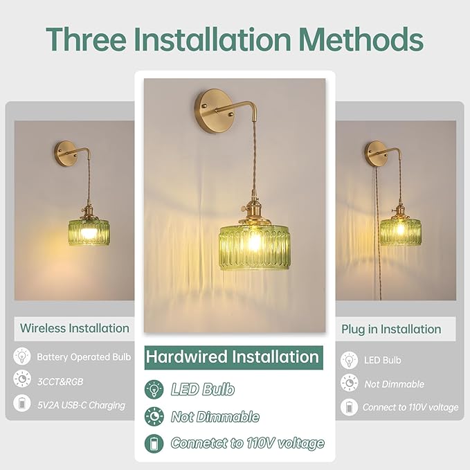 Shenmoyl Vintage Wall Sconce Wall Lamp with Green Striped Shade Pattern Glass Adjustable Chain Retro Gold Wall Mounted Light, Modern Wall Lamp Fixtures Decor for Bedside Bedroom Indoor Doorway