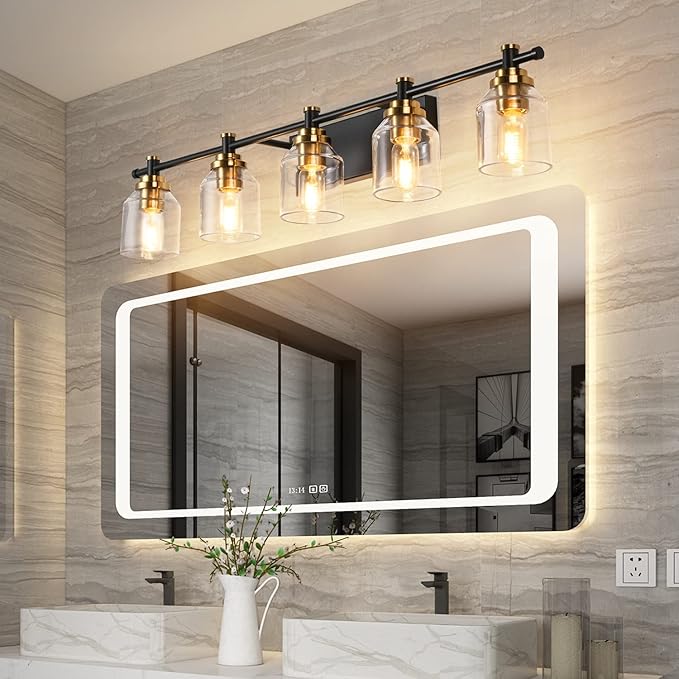 SOLFART 5-Light Bathroom Light Fixtures Over Mirror Bath Vanity Lights Black Brass Finished Lighting Vintage Globe Lights