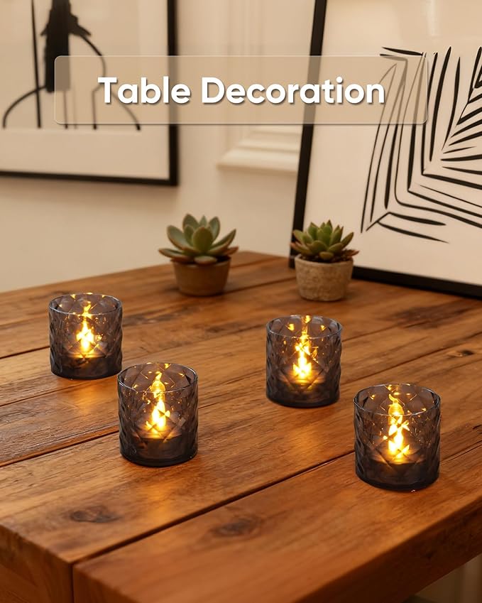 Homemory 2" x 2" Acrylic Votive Candle Holders with Auto Timer Flameless Led Tealight, Battery Powered Fake Electric Candles for Wedding Centerpiece, Table, Christmas Decor (6Pack, Gray Base)