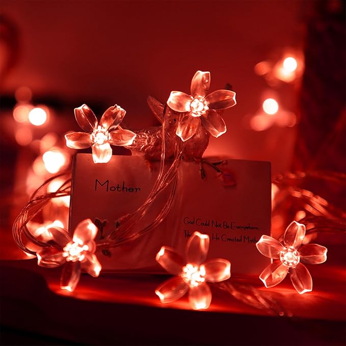 Battery & USB Operated 10ft Red Cherry Blossom Flower Fairy Lights String | Cute Flower String Lights With Timer For Bedroom, Party, Wedding, Christmas, Easter Tree Branch Hanging Romantic Decorations