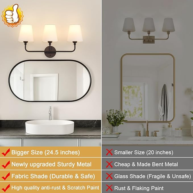 Bathroom Light Fixtures, 3-Light Oil Rubbed Bronze Vanity Lights, 24.5" Bathroom Lighting Fixtures Over Mirror with White Fabric Shade, Modern Wall Sconces for Bedroom Living Room Hallway