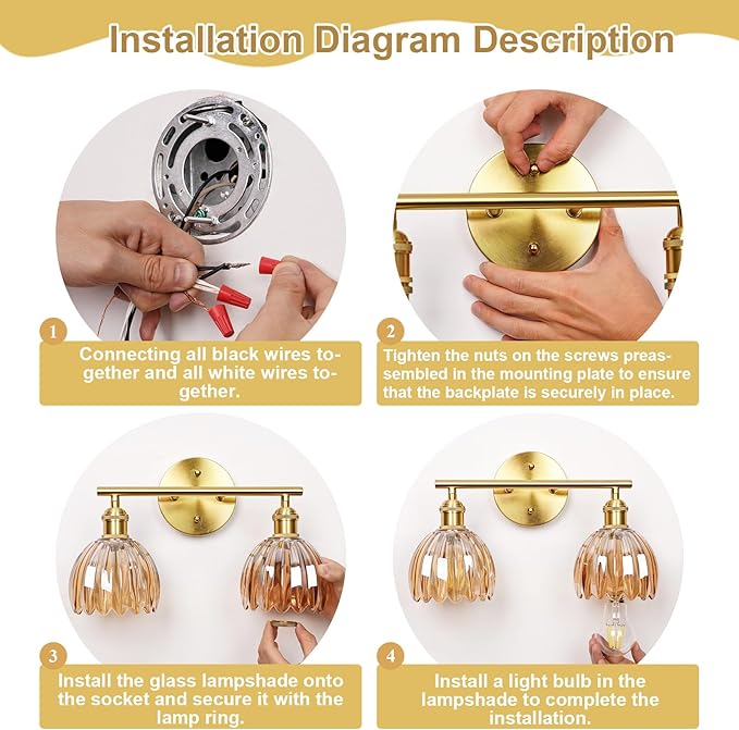 Vintage Bathroom Light Fixtures,2-Light Hardwired Vanity Lights with Clear Tulip Glass Shade,Gold Bathroom Vanity Light for Mirror Restroom,E26 Socket,14.57 in(Bulbs Not Included)