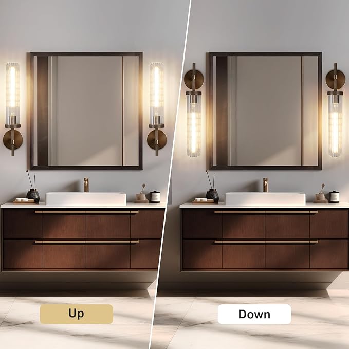 19.5" Knurled Brass Wall Sconce with Vertical Striped Glass Tube, Bronze Bathroom Vanity Light Fixtures, Modern Lamp Lighting for Bedroom, Living Room, Hallway, Staircase, Mirror, Kitchen