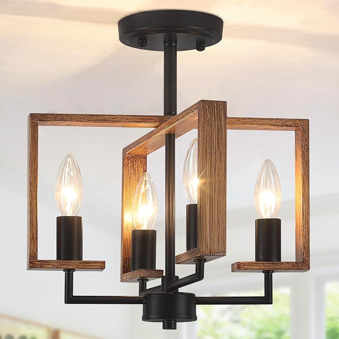 4-Light Farmhouse Ceiling Light, Semi Flush Mount Ceiling Light Fixture, Kitchen Island Lighting Rustic Wood Metal Geometric for Hallway Dining Room Entryway Laundry Bedroom