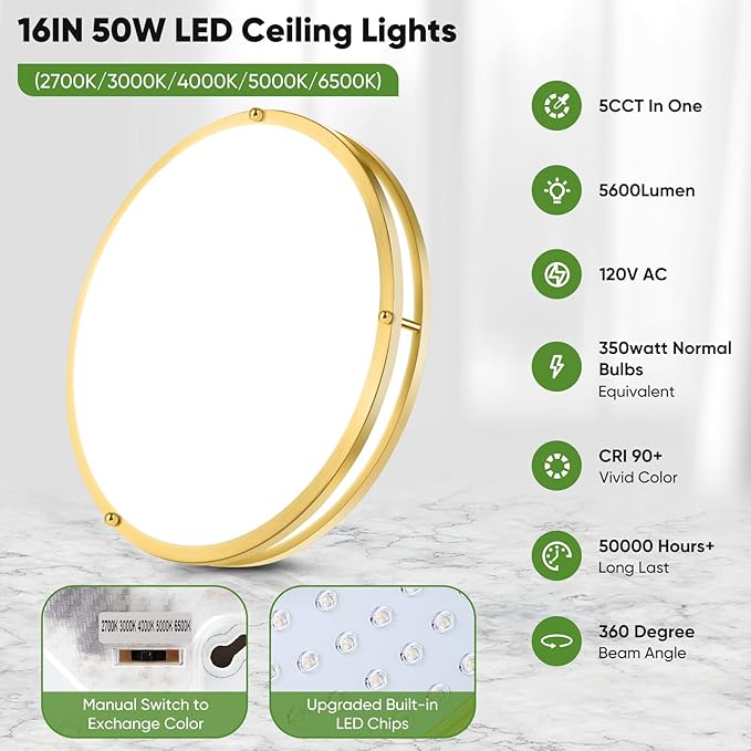 TOBUSA 16in 50W LED Flush Mount Ceiling Lights 5600lm Super Bright, Dimmable LED Light Fixtures 2700K-6500K 5CCT Adjusted, 2-Pack Modern Light Fixture Ceiling for Living Room Bedroom Kitchen, Gold