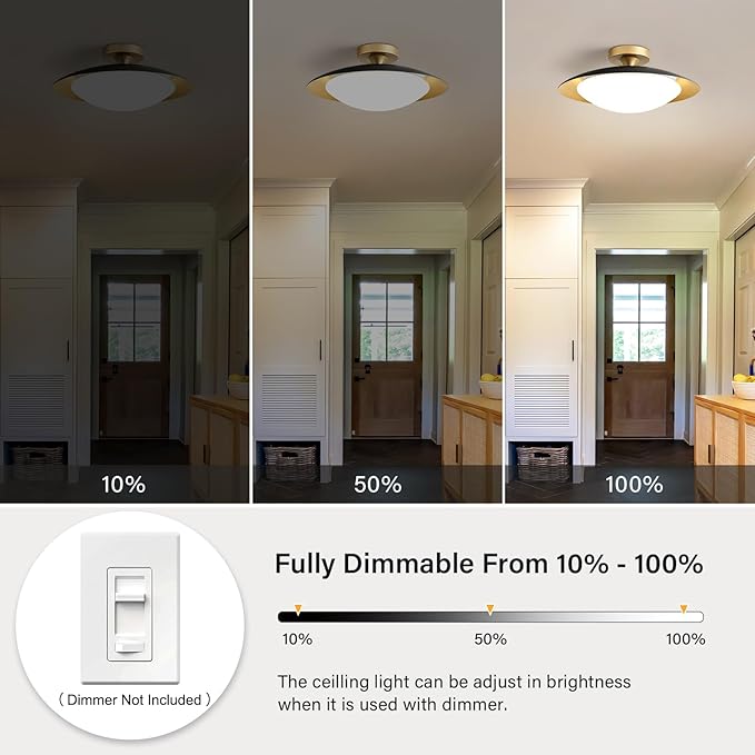 Dimmable Modern Mid-Century Ceiling Light, Black and Gold LED Semi Flush Mount Ceiling Light, 5CCT 2700K-6000K Lighting Fixture Ceiling Lamp with Glass Shade for Bedroom Kitchen Living Room, 15.8in