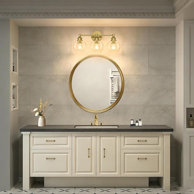 Bathroom Light Fixtures, 3-Light Brushed Gold Vanity Light Globe Glass Shades, Bathroom Lighting Fixtures Over Mirror, Wall Sconces for Master Bathroom, Guest Bathroom, Powder Room, 20-inch