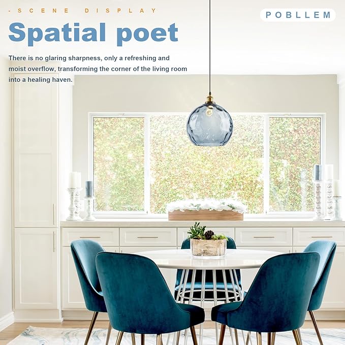 Blue Glass Pendant Lights Kitchen Island Pendant Lighting 13.8" Large Globe Pendant Light Hammered Glass Shade Adjusteble Hanging Light Fixtures for Bedroom Dining Room Living Room Hallway