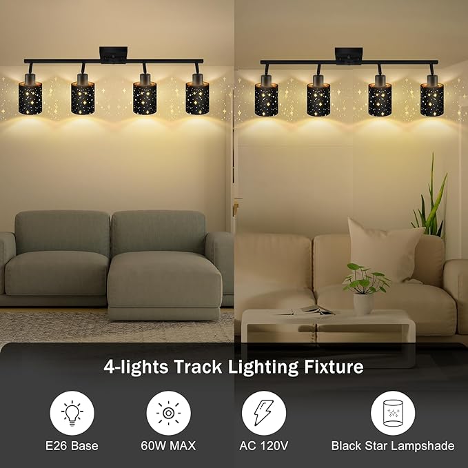 4 Light Track Lighting Kit, Black 4 Way Modern Flexible Ceiling Spotlight, Industrial LED Wall Light for Kitchen Cabinet Gallery Bar Hallway Living Room, Black Stars Design Contemporary, E26 Socket