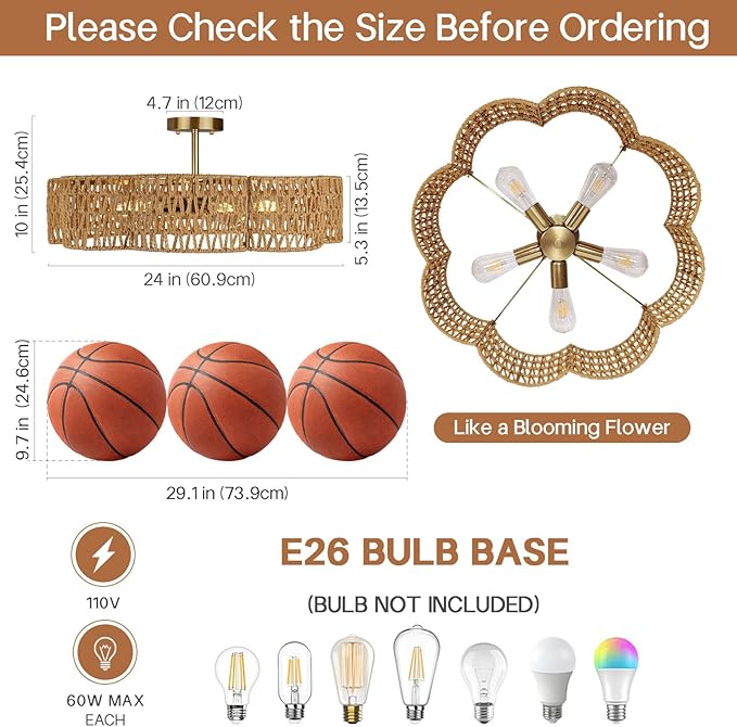 24” Boho Rattan Ceiling Light Fixture, Hand-Woven Wicker Flush Mount Chandelier, Rustic Coastal Scalloped Gold Base Semi Flush Lighting for Bedroom, Dining Room, Kitchen, Foyer, Living Room