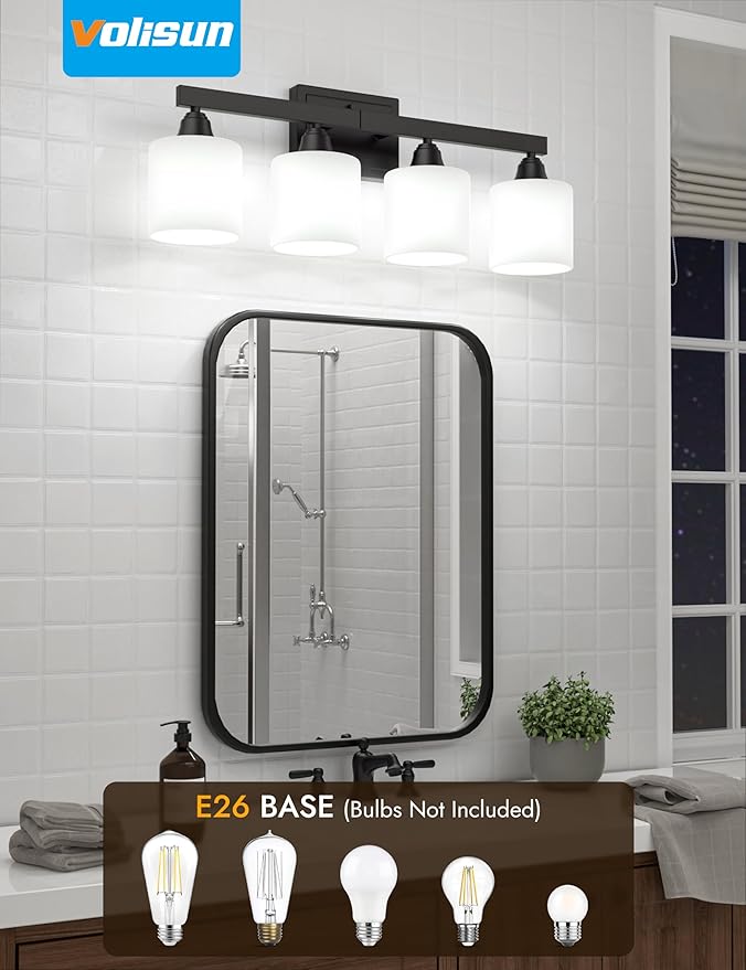 VOLISUN Matte Black Bathroom Light Fixtures, 4-Light Bathroom Vanity Lights Over Mirror, Modern Vanity Light for Bathrooms, Bathrooms Lights Fixtures Over Mirror with Milky White Frosted Glass Shades