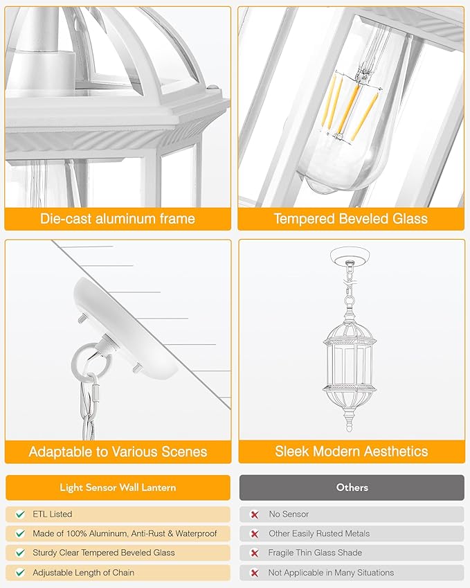 VIANIS Outdoor Hanging Lights, White Outdoor Pendant Lights with Tempered Beveled Glass, 20 Inch 1-Light Adjustable Outdoor Chandelier for Entryway, Gazebo, Waterproof and Anti-Rust, 100% Aluminum