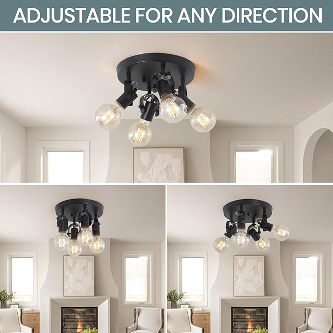4-Light Kitchen Ceiling Spotlight，Multi-Directional Track Lighting Fixtures Ceiling with Open No Shade Design, Black Ceiling Light for Kitchen Island, Sink,Dining Room, (E26, Bulb Not Included)